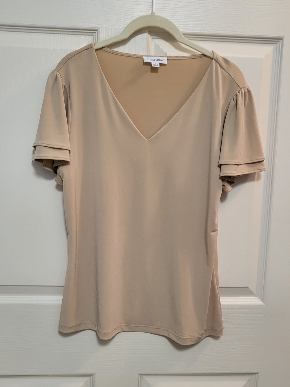 Calvin Klein Soft Taupe V-Neck Flutter Sleeve Blouse
